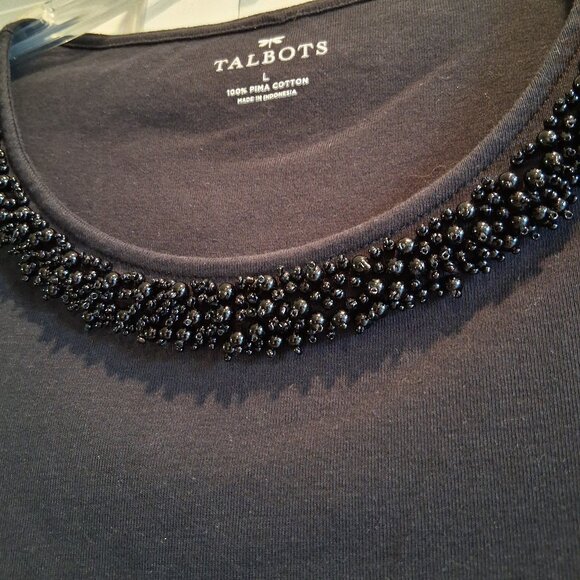 Talbots Black Beaded Puma Cotton Tee Women's Size L - Picture 3 of 13